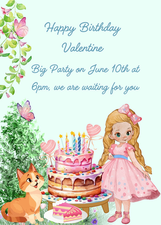 Pretty little girl dressed in pink celebrating her birthday in the garden. But it's also a party for her kitten. Printable birthday card for girls 5-14.