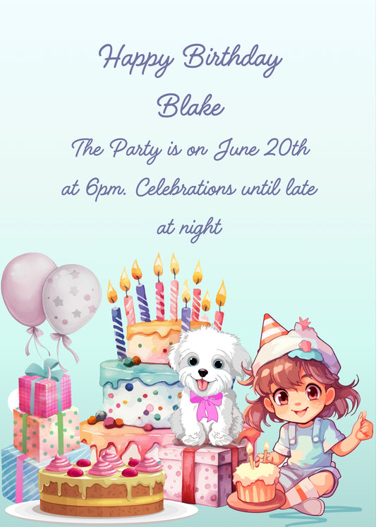Smiling little girl with cakes and gift boxes, and her dog friend. Printable birthday card for kids 7-14.