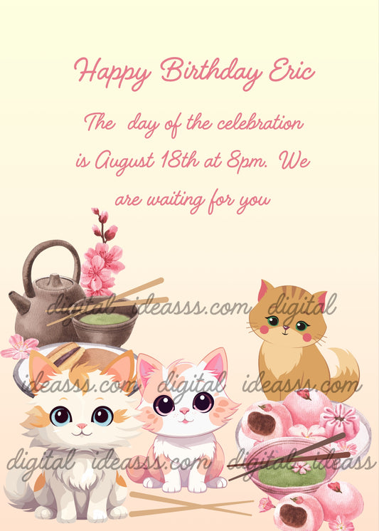 Three cute kittens celebrate a birthday with wagashi and green tea. Printable birthday card for kids 5-12.
