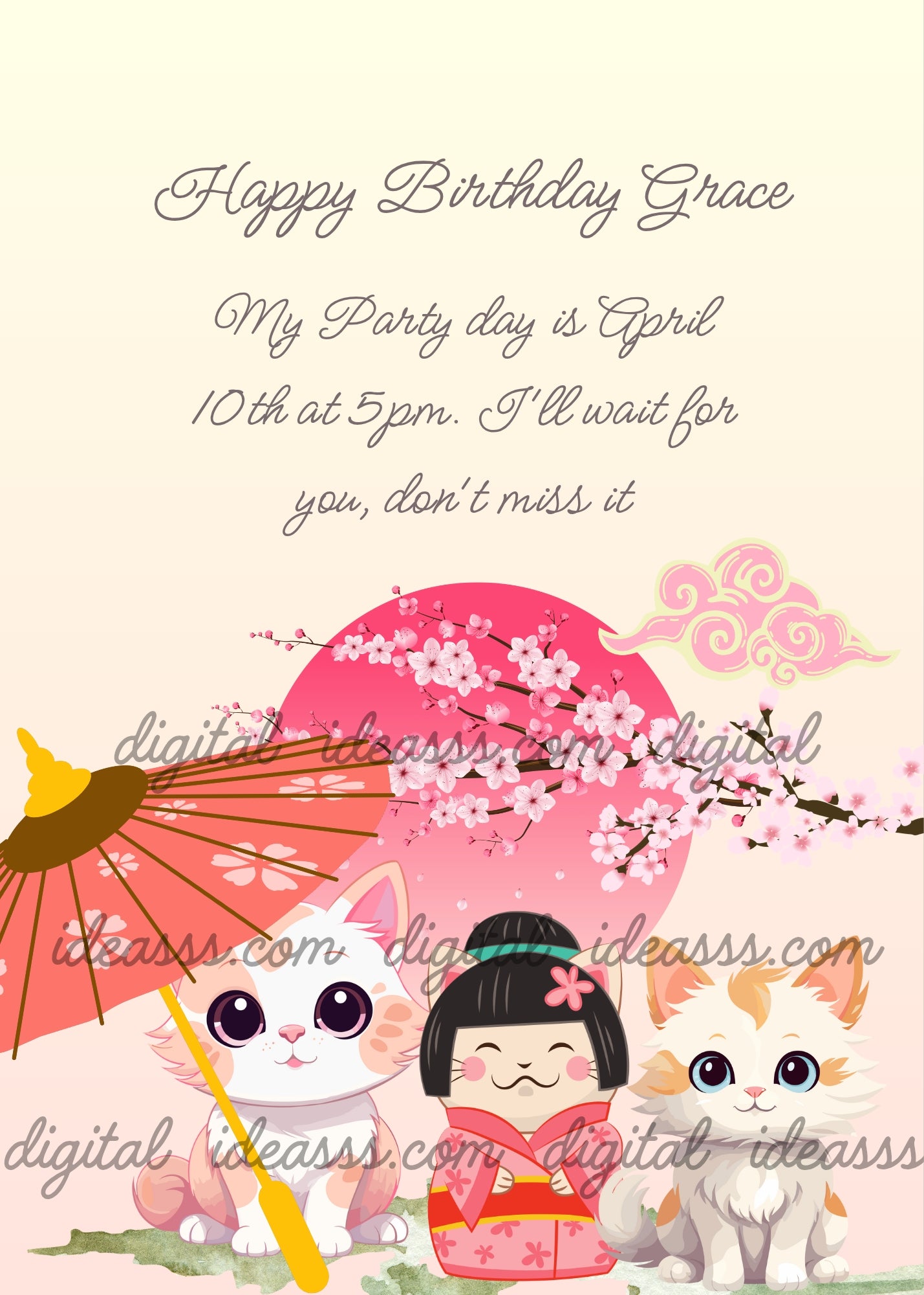 Two cute kittens, with kokeshi/cat, take shelter under a japanese umbrella. A large sun, and a peach tree branch in the background. Printable birthday card for kids 5-14.