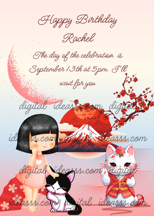 Mount Fuji, sun and moon in the background; a little girl caresses a kitten, and Maneki Neko waves. Printable birthday card for kids 8-14.