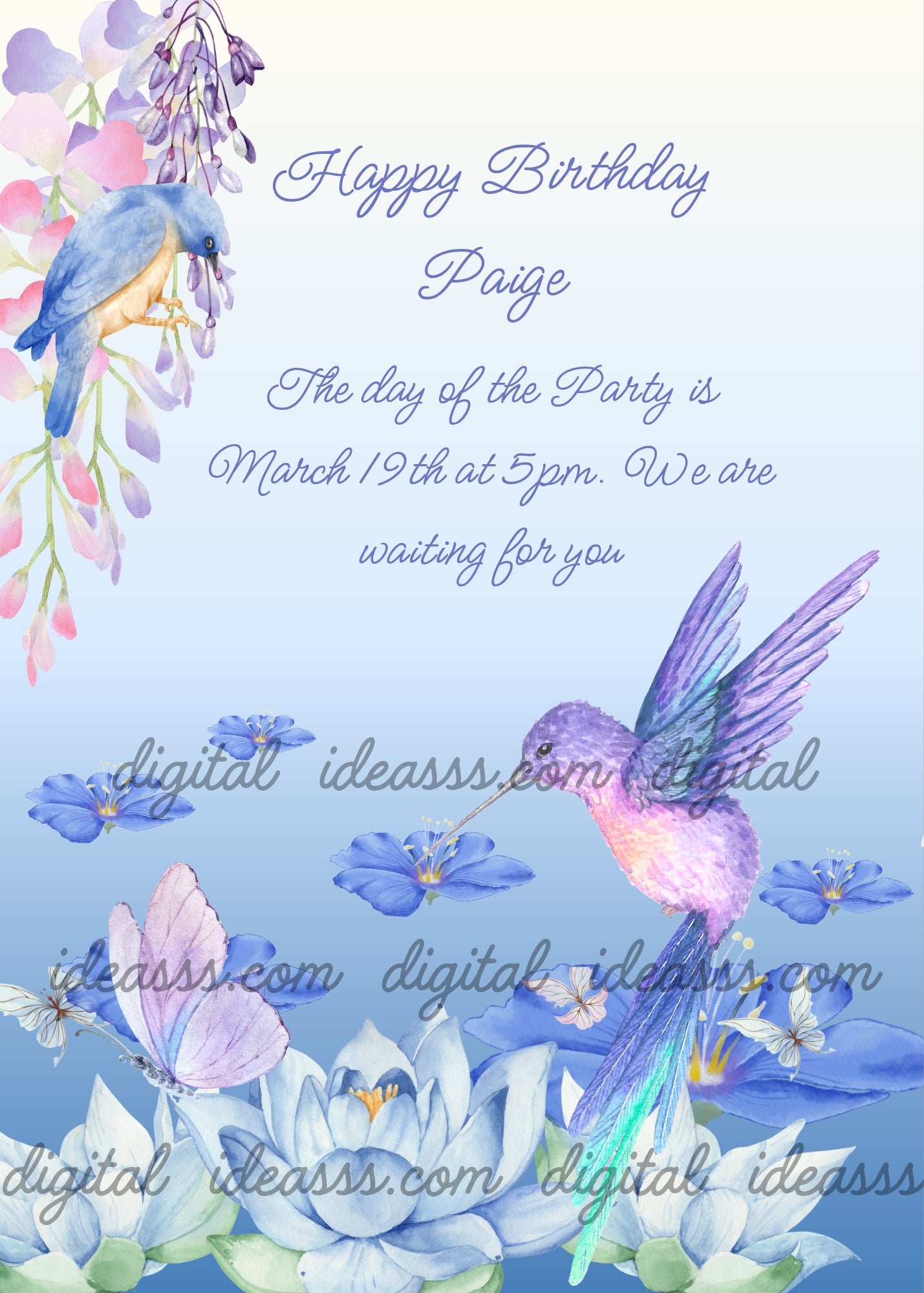 A shade to create a pond. Lotus flower, Wisteria, and  birds, for the Japanese pond. Dominant color blue. Printable birthday card for girls 10-14.
