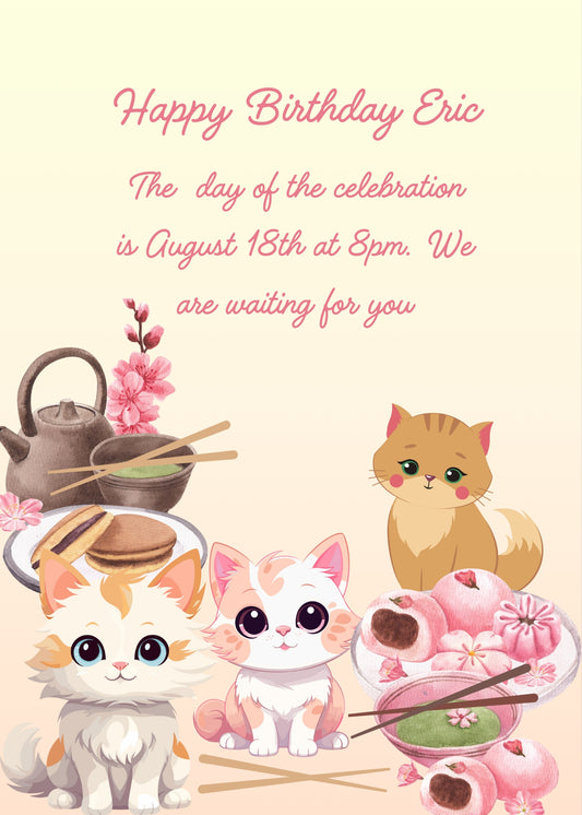 Japanese birthday, featuring three kittens, with traditional sweets, green tea, and hashi to eat. Printable birthday card for kids 5-12.
