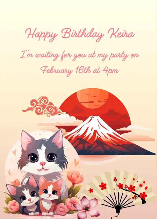 Mother cat, with two cute kittens, among flowers, with fan. In the background Mount Fuji with the sun setting. Printable birthday card for kids 6-12.