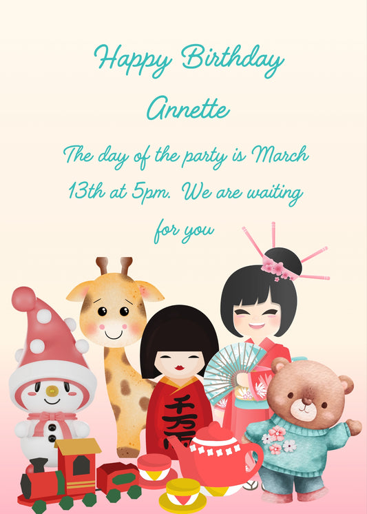 Two japanese doll, for a touch of class among other funny puppets.  Printable birthday card for girls 5-12.