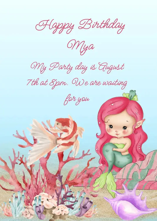 A red-haired mermaid sits on a rock. A Japanese carp swims among the coral. Printable birthday card for girls 8-14.