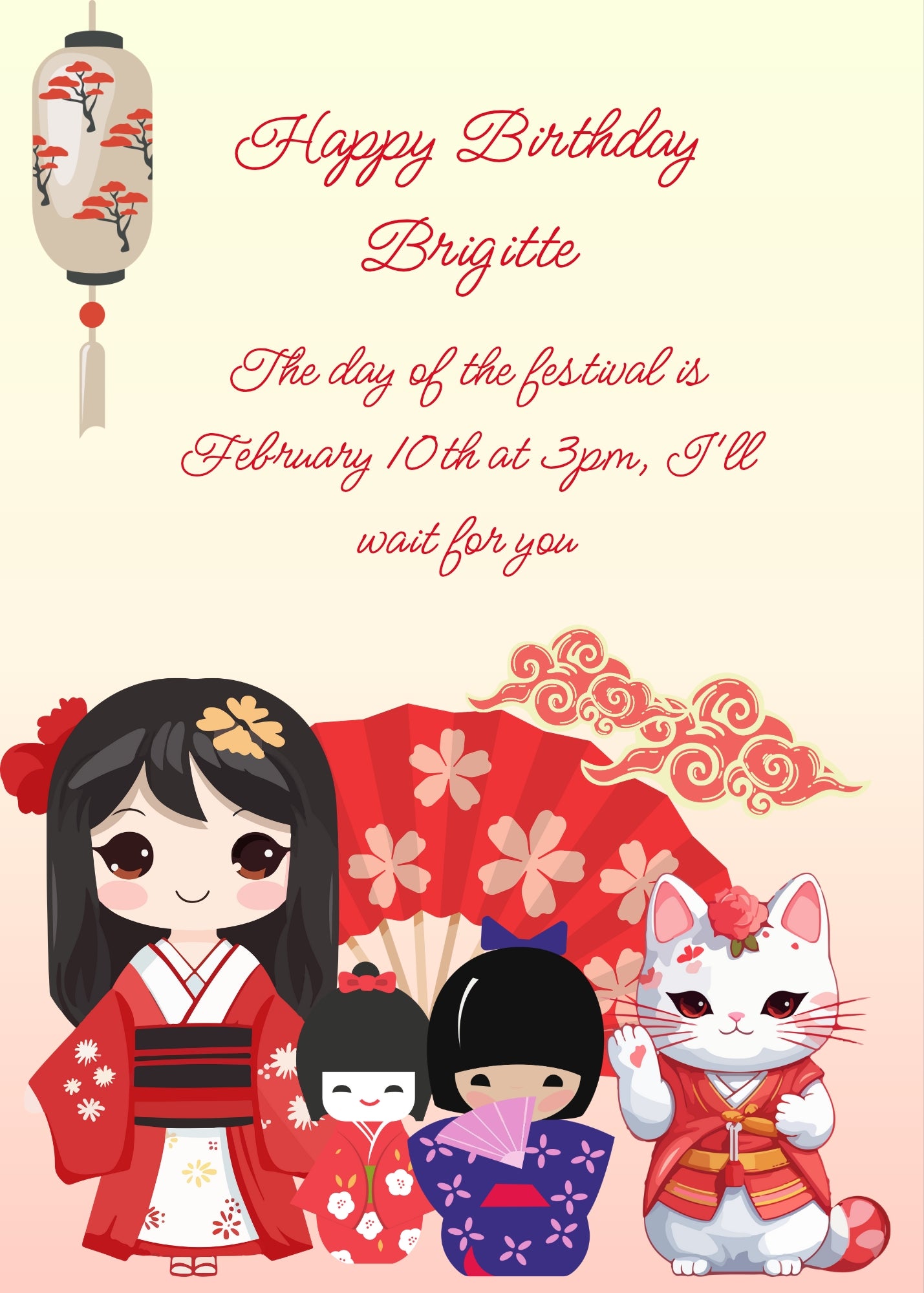 Cute dolls, Maneki Neko, fan, and lantern. The dominant color is red. Printable birthday card for girls 10-14.