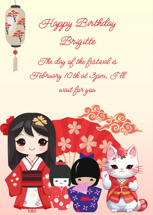 Cute dolls, Maneki Neko, fan, and lantern. The dominant color is red. Printable birthday card for girls 10-14.