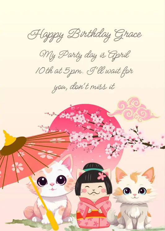 In the foreground two kittens, Kokeshi doll-cat, under a japanese umbrella. In the background peach blossoms an a large setting sun. Printable birthday card for girls 5-14.