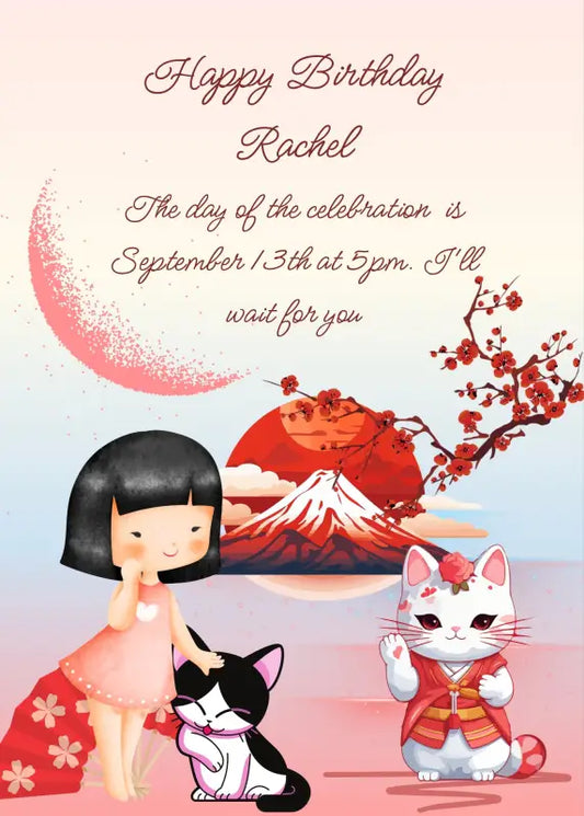 Mount Fuji, sun and moon in the background; a little girl caresses a kitten, and Maneki Neko waves. Printable birthday card for kids 8-14.