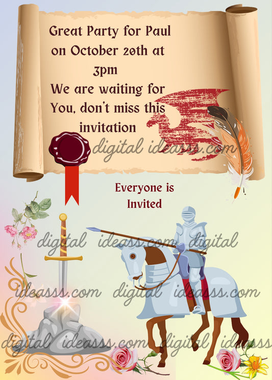 King Arthur in armor on horseback. The rock with the sword, and above him a parchment. Printable birthday card for boys 8-14.