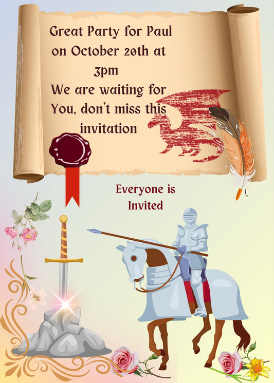 King Arthur in armor on horseback. The rock with the sword, and above him a parchment. Printable birthday card for boys 8-14.
