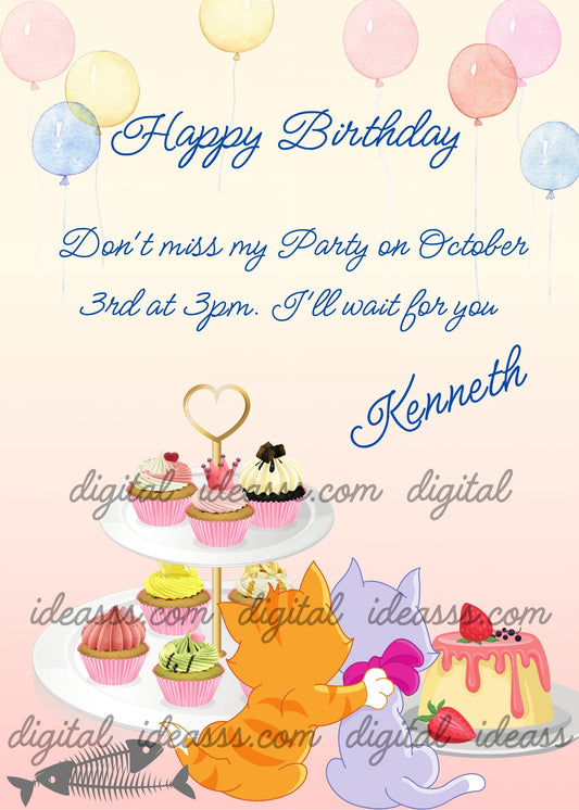 Two cute kittens celebrate with sweets and balloons. Printable birthday card for kids 1-12. 