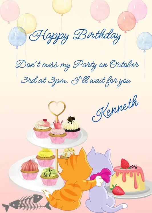  Cute kittens celebrate with cake, cupcakes, balloons and fish. Printable birthday card for kids 1-12.