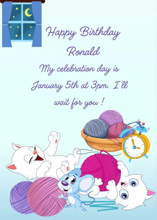 Two funny kittens are having fun playing with balls of yarn. A little mouse, watches them in surprise. Printable birthday card for kids 1-10.