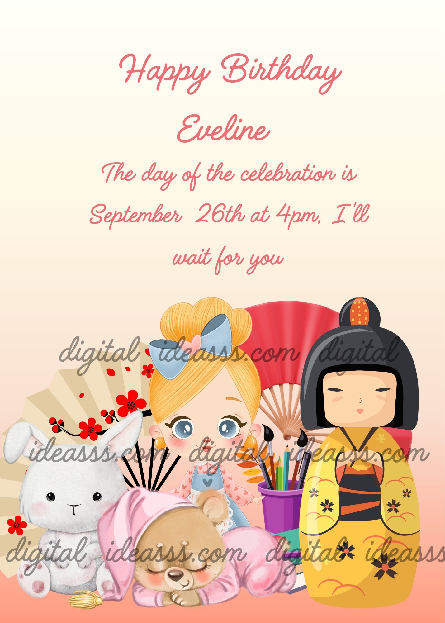 Kokeshi doll with fans in the background as a contrast to other funny toys. Printable birthday card for girls 5-12. 