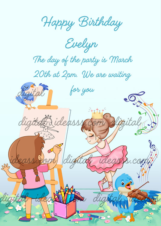 Little girls draws a portait of her dancer friend. Printable birthday card for girls 
3-10. 