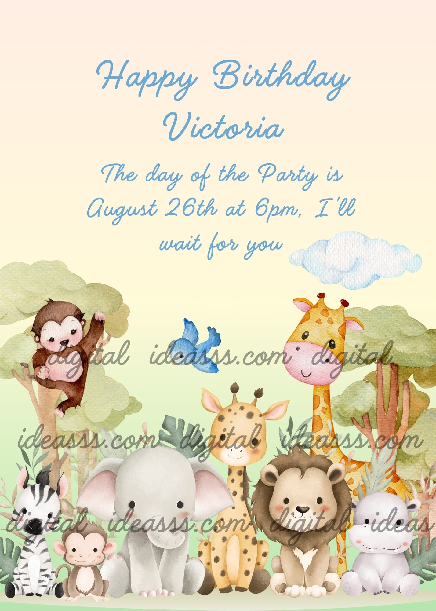 Lion, giraffes,  a zebra, a baby elephant, 
and two little monkeys, all together at sunset. Printable birthday card for 
kids 1-8. 