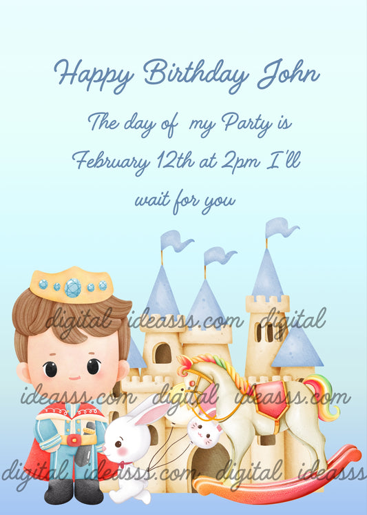 Child dressed as king with castle, bunny, and rocking horse. Printable birthday card for child 1-8. 