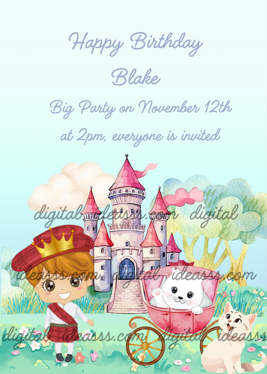 Little Scottish Prince, with castle and carriage for his kitten. Printable birthday card for kids 1-9.