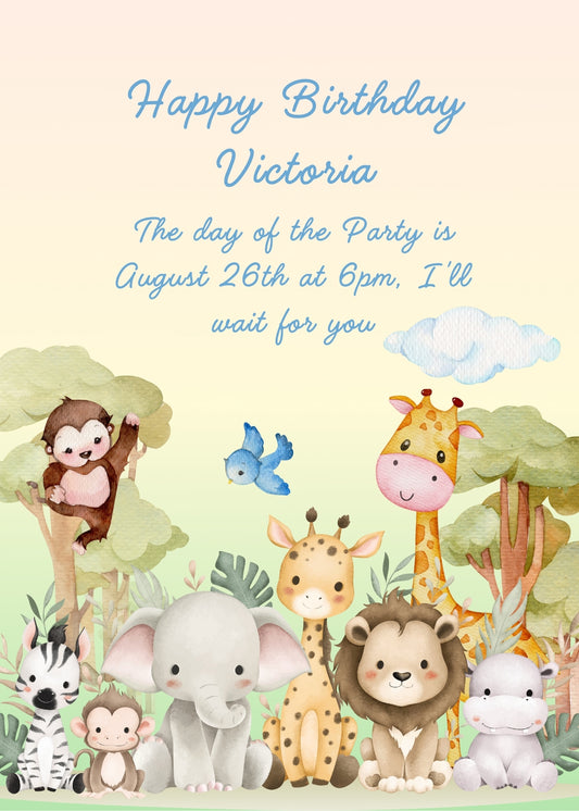 Lion, giraffes,  a zebra, a baby elephant, 
and two little monkeys, all together at sunset. Printable birthday card for 
kids 1-8.