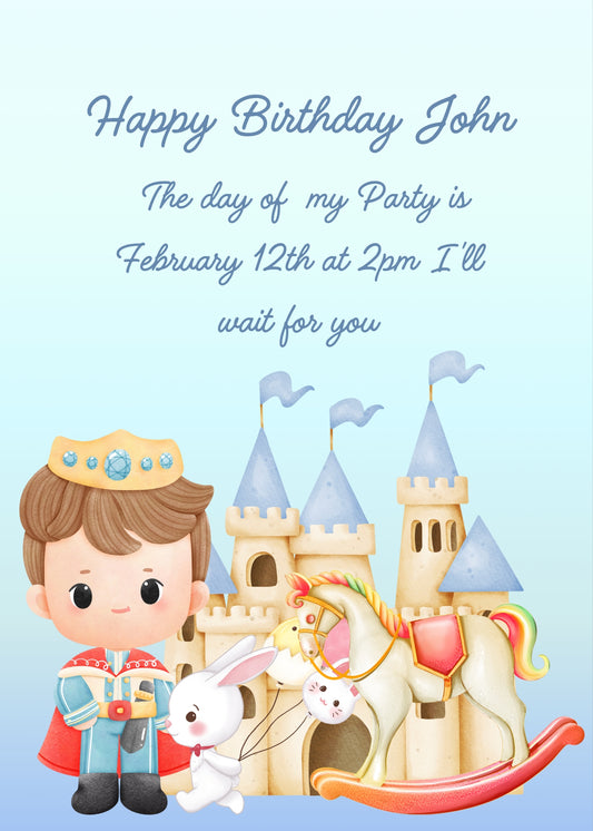 Child dressed as king with castle, bunny, and rocking horse. Printable birthday card for child 1-8.