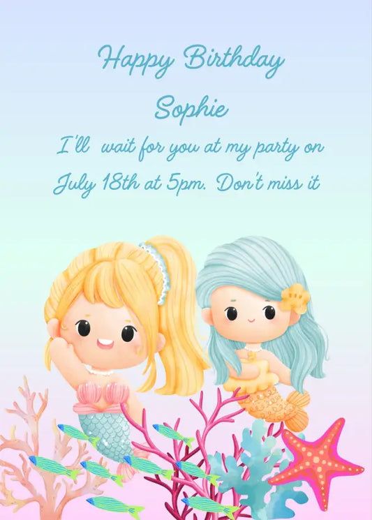 Two baby mermaids with colored hair, swimming among the corals, one of them waving. Printable birthday card for kids
 1-9.