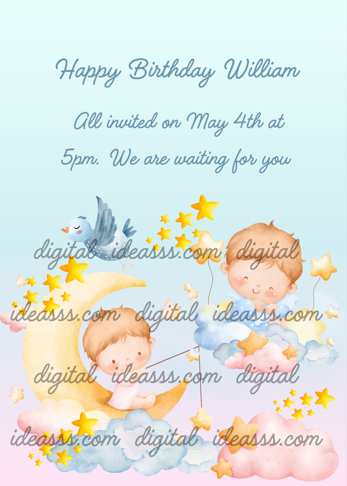 Two children between the moon and clouds, looking for stars. Printabe birthday card for kids 1-9.