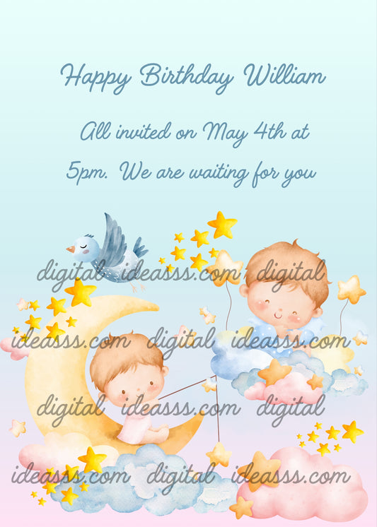 Two children between the moon and clouds, looking for stars. Printabe birthday card for kids 1-9.