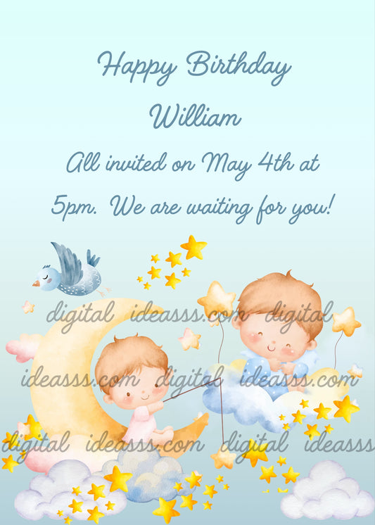Two children between the moon and clouds, looking for stars. Printabe birthday card for kids 1-9.