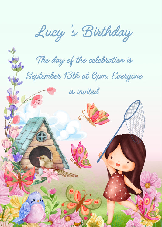 A little girl with a net catches butterflies in flight. Among the flowers there is also a birdhouse. Printable birthday card for girls
6-12.