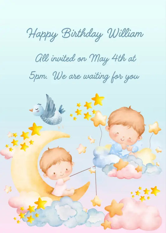 Two children between the moon and clouds, looking for stars. Printabe birthday card for kids 1-9.