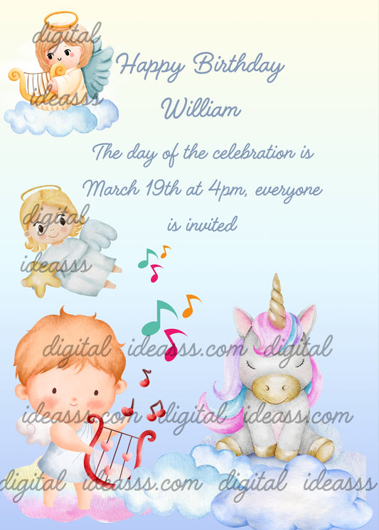 Unicorn sleeps on a clouds.  Little angels play a lullulaby for him. Printable birthday card for kids 1-9. 