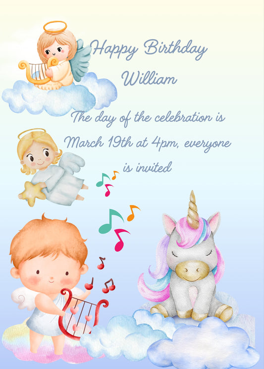Unicorn sleeps on a clouds.  Little angels play a lullulaby for him. Printable birthday card for kids 1-9.