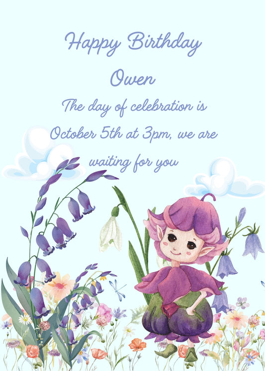 A flowery meadow and Bluebells. A Bluebells has eyes nose and mouth, and a pretty little dress. Printable birthday card for kids 8-12.