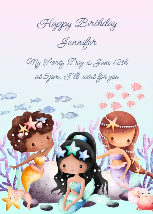 Three pretty mermaids sitting on the seabed among the corals. Printable birthday card for girls 5-12.