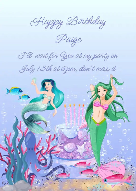 Mermaids with green and blue hair celebrate a birthday with cake and candles. Printable birthday card for girls 10-14.
