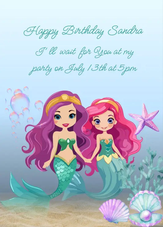 Two mermaids holding hands, swimming near the seabed. Printable birthday card for girls 9-14.
