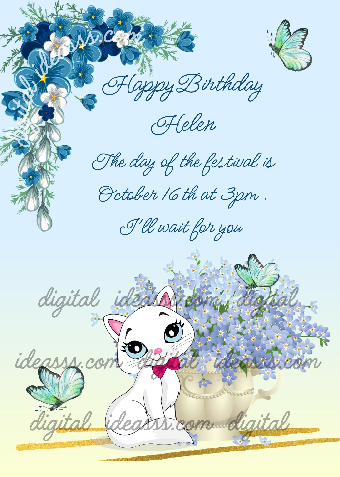 White kitten on a table, next to a vase with forget-me-not flowers, and butterflies. Printable birthday card for girls 7-14.