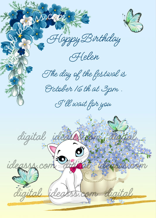 White kitten on a table, next to a vase with forget-me-not flowers, and butterflies. Printable birthday card for girls 7-14.