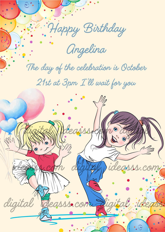 Two wild little girls, in a modern dance, surrounded by balloons and confetti. Printable birthday card for girls 5-12.