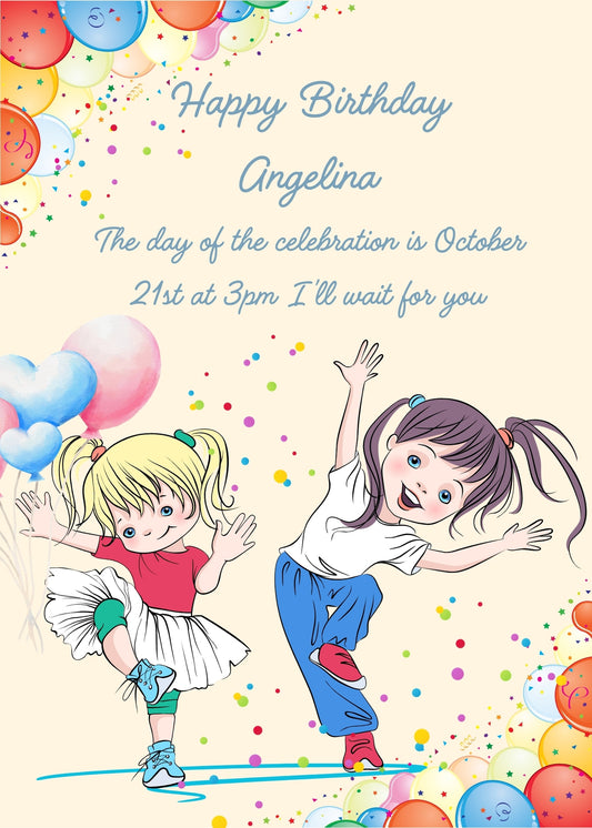 Two funny and cute girls, in a modern dance, with confetti and balloons. Printable birthday card for kids 5-12.
