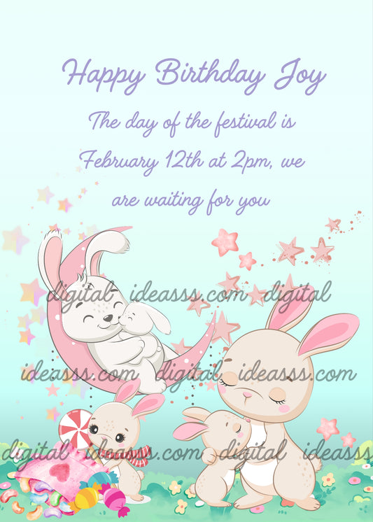 A bunny with her babies. One bunny looks at the sweets, another is on the moon with a toy. Printable birthday card for kids 1-9. 