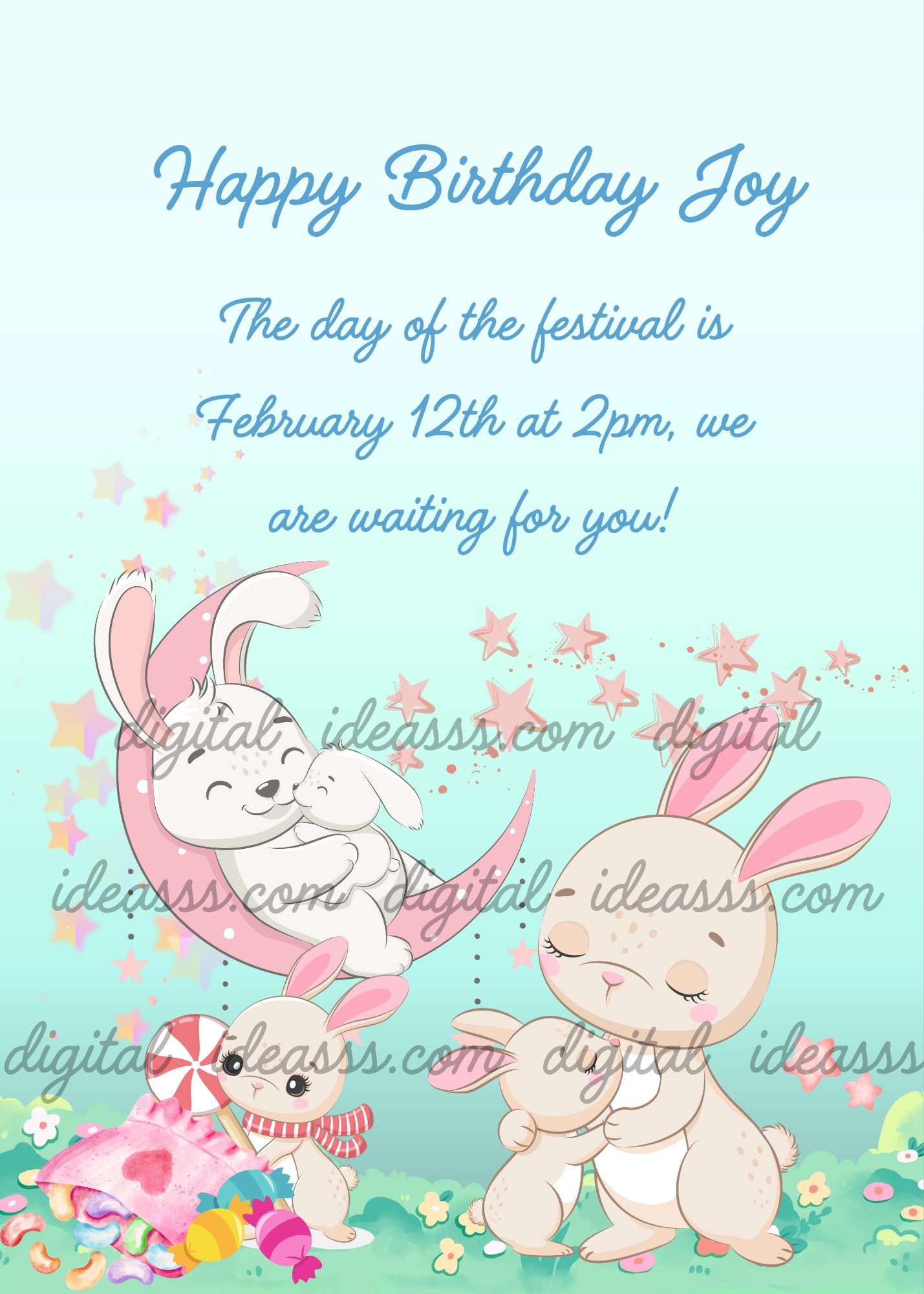 A bunny with her babies. One bunny looks at the sweets, another is on the moon with a toy. Printable birthday card for kids 1-9. 