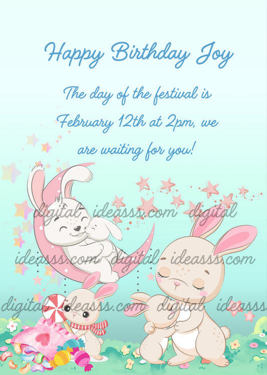 A bunny with her babies. One bunny looks at the sweets, another is on the moon with a toy. Printable birthday card for kids 1-9. 