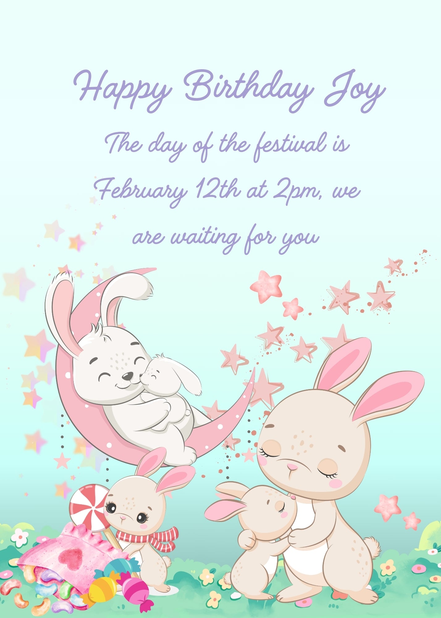 A bunny with her babies. One bunny looks at the sweets, another is on the moon with a toy. Printable birthday card for kids 1-9.
