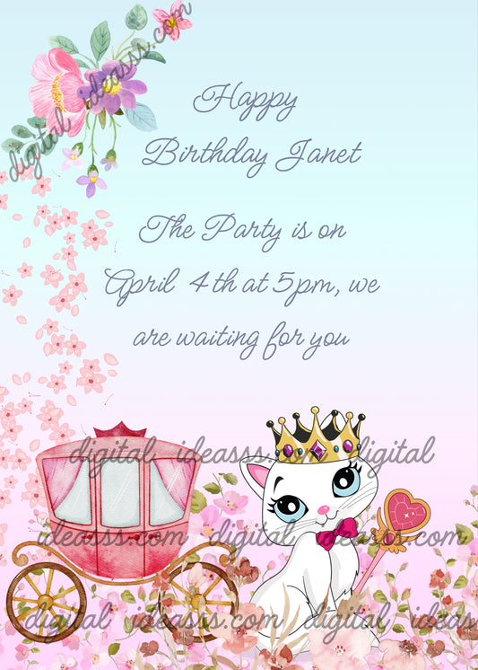 Aristoratic white cat, with royal crown, scepter and carriage, surrounded by flowers. Printable birthday card for girls