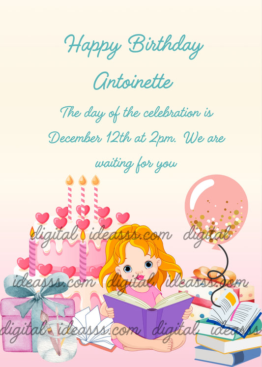 Little girl sitting on the floor, reading a book, other books are next to her. A pink cake with hearts, and a gift package. Printable birthday card for girls 5-12. 