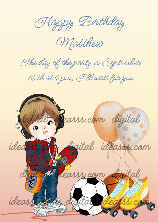 Child with headphones and skateboard, with his favorite toys next to him. Printable birthday card for boys 6-13.