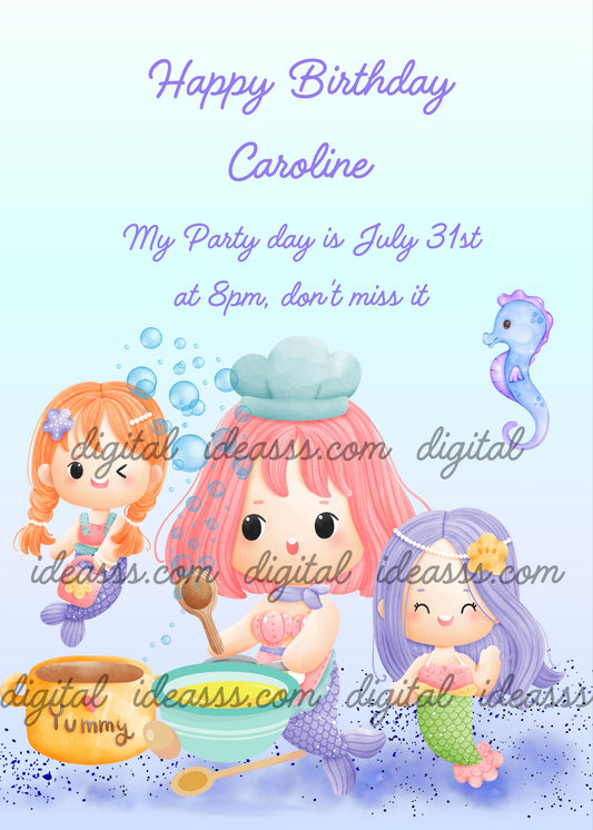 A little mermaid wearing a chef's hat is preparing fish soup, other mermaids are approaching her. Printable birthday card for kids 1-9. 